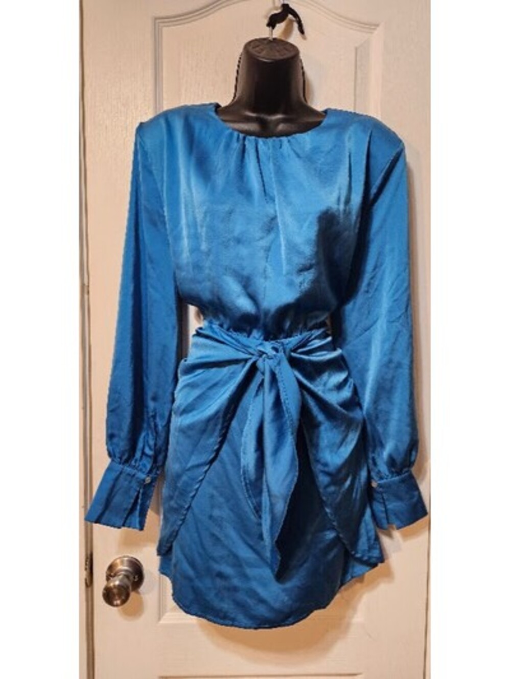 Entro Metallic Blue Tie Waist Dress Medium Jewel Tone Holiday Glam